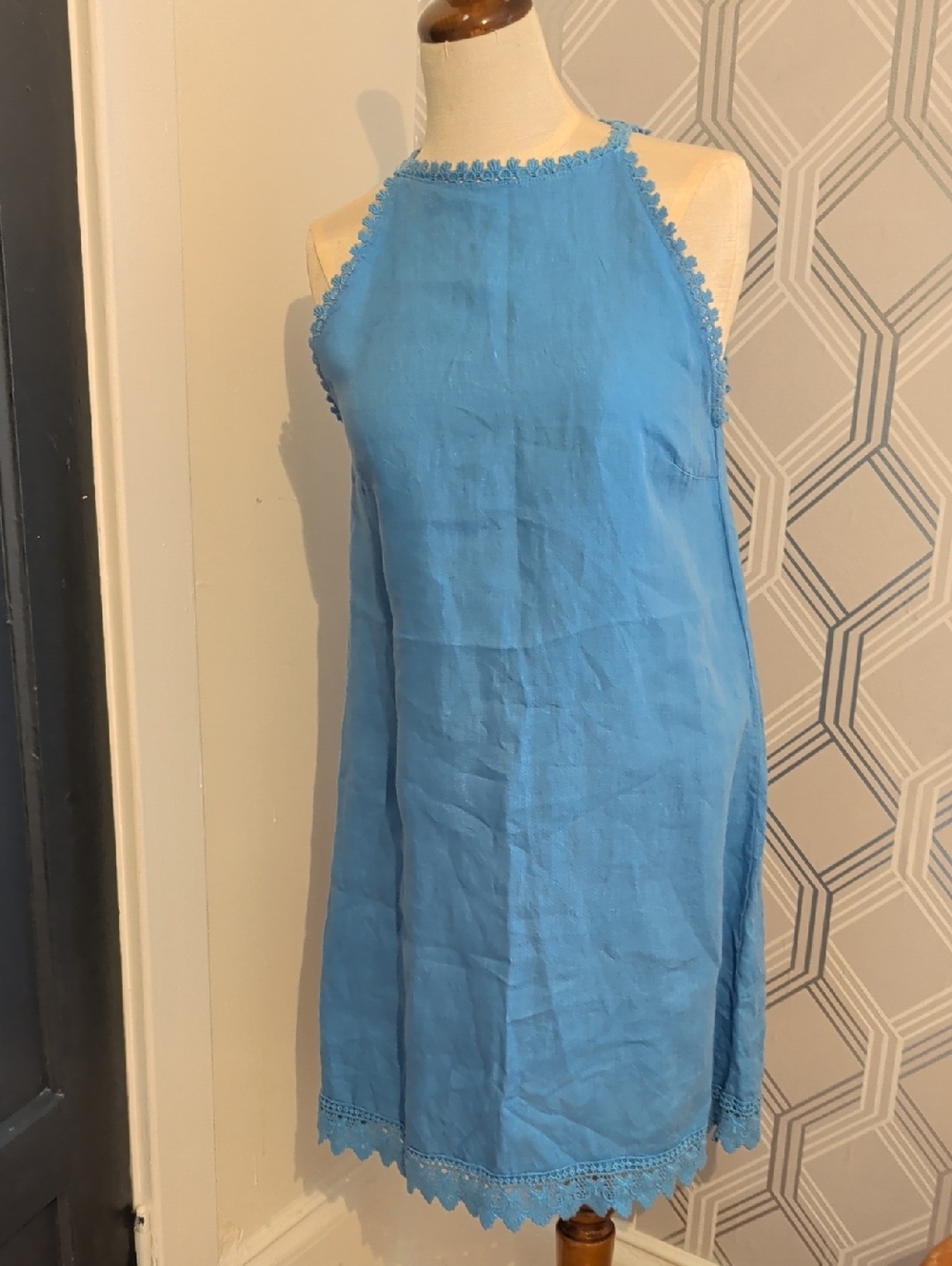 Sleeveless Light Blue Crochet-Trim Linen Midi Dress Made in Italy